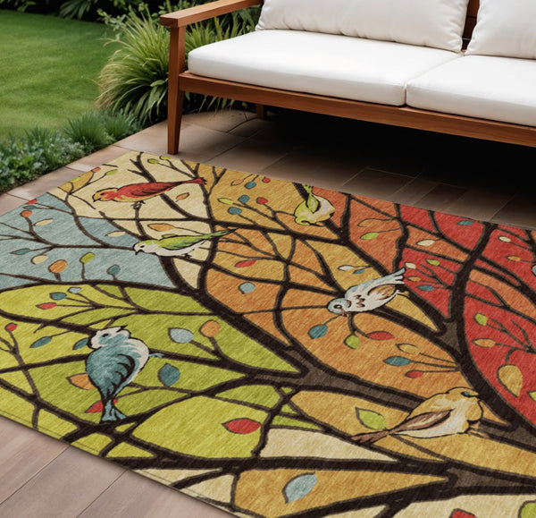 HomeRoots 8' Indoor Outdoor Botanical Leaves Area Rug - Vibrant Gold, Red & Green, Washable, Durable Design 659968