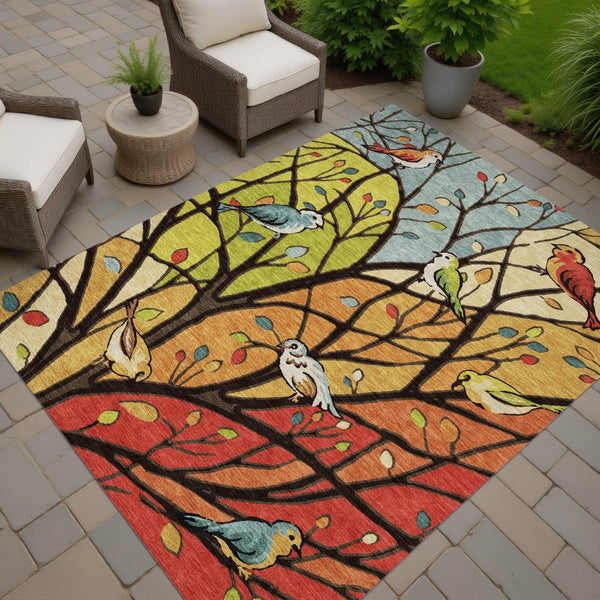 HomeRoots 8' Indoor Outdoor Botanical Leaves Area Rug - Vibrant Gold, Red & Green, Washable, Durable Design 659968