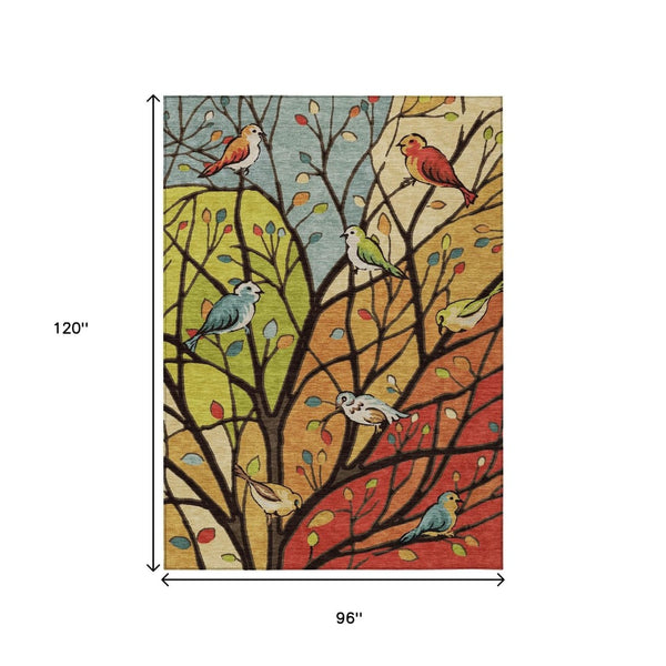 HomeRoots 8' Indoor Outdoor Botanical Leaves Area Rug - Vibrant Gold, Red & Green, Washable, Durable Design 659968