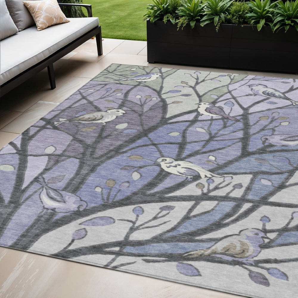 HomeRoots 5' Vibrant Purple Blue and Sage Botanical Leaves Area Rug - Washable for Indoor and Outdoor Use! 659972