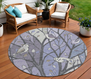 HomeRoots 8' Round Botanical Leaves Area Rug in Vibrant Purple, Blue & Sage – Washable & Indoor/Outdoor Use 659973
