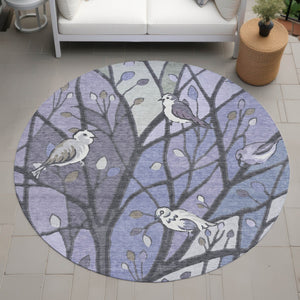 HomeRoots 8' Round Botanical Leaves Area Rug in Vibrant Purple, Blue & Sage – Washable & Indoor/Outdoor Use 659973