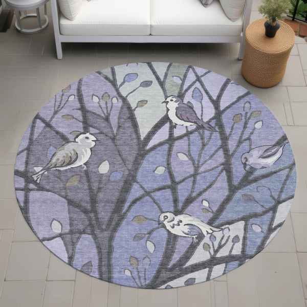 HomeRoots 8' Round Botanical Leaves Area Rug in Vibrant Purple, Blue & Sage – Washable & Indoor/Outdoor Use 659973