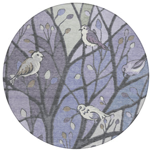 HomeRoots 8' Round Botanical Leaves Area Rug in Vibrant Purple, Blue & Sage – Washable & Indoor/Outdoor Use 659973