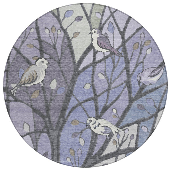 HomeRoots 8' Round Botanical Leaves Area Rug in Vibrant Purple, Blue & Sage – Washable & Indoor/Outdoor Use 659973