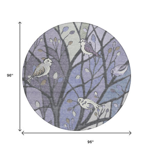 HomeRoots 8' Round Botanical Leaves Area Rug in Vibrant Purple, Blue & Sage – Washable & Indoor/Outdoor Use 659973