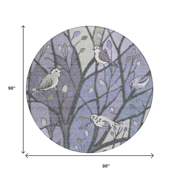 HomeRoots 8' Round Botanical Leaves Area Rug in Vibrant Purple, Blue & Sage – Washable & Indoor/Outdoor Use 659973