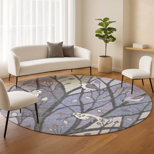 HomeRoots 8' Round Botanical Leaves Area Rug in Vibrant Purple, Blue & Sage – Washable & Indoor/Outdoor Use 659973