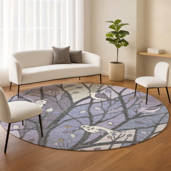HomeRoots 8' Round Botanical Leaves Area Rug in Vibrant Purple, Blue & Sage – Washable & Indoor/Outdoor Use 659973