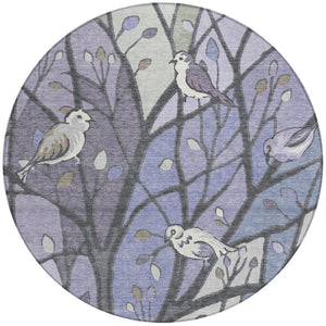 HomeRoots 8' Round Botanical Leaves Area Rug in Vibrant Purple, Blue & Sage – Washable & Indoor/Outdoor Use 659973