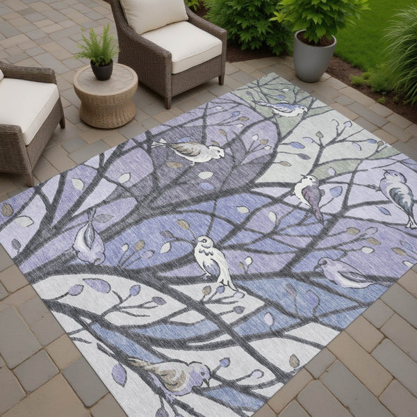 HomeRoots 8' Washable Indoor Outdoor Area Rug in Botanical Leaves Design – Purple, Blue & Sage Colors, Durable! 659974