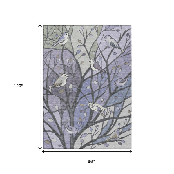 HomeRoots 8' Washable Indoor Outdoor Area Rug in Botanical Leaves Design – Purple, Blue & Sage Colors, Durable! 659974