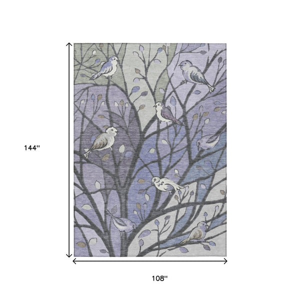 HomeRoots 9' Stylish Botanical Leaves Area Rug in Purple, Blue & Sage – Washable for Indoor & Outdoor Use! 659975