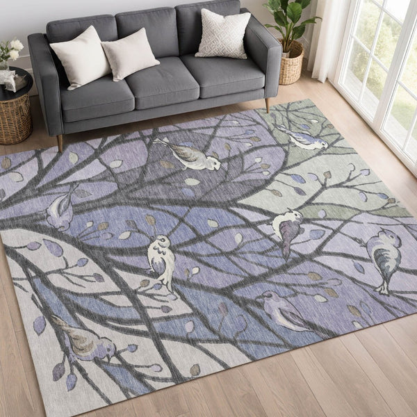 HomeRoots 9' Stylish Botanical Leaves Area Rug in Purple, Blue & Sage – Washable for Indoor & Outdoor Use! 659975