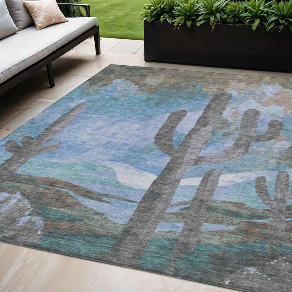 HomeRoots 5' Cactus Area Rug - Stylish Washable Indoor Outdoor Mat in Brown, Blue & Taupe - Durable & Versatile 659978