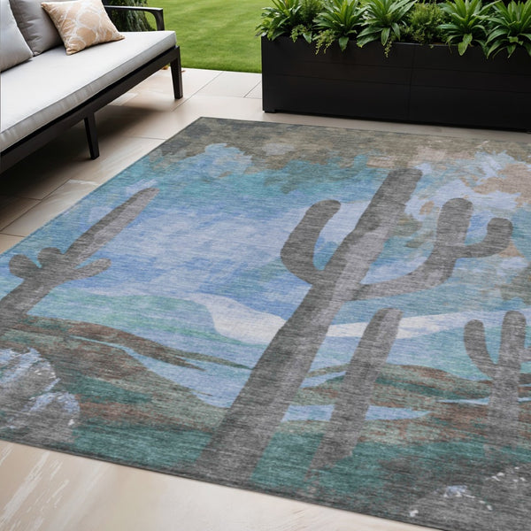 HomeRoots 5' Cactus Area Rug - Stylish Washable Indoor Outdoor Mat in Brown, Blue & Taupe - Durable & Versatile 659978