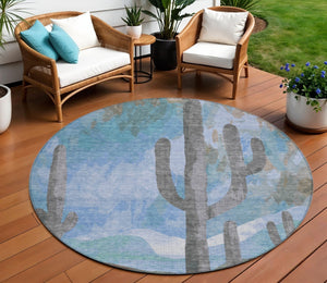 HomeRoots 8' Round Cactus Pattern Area Rug - Stylish Brown, Blue & Taupe Design for Indoor/Outdoor Spaces 659979