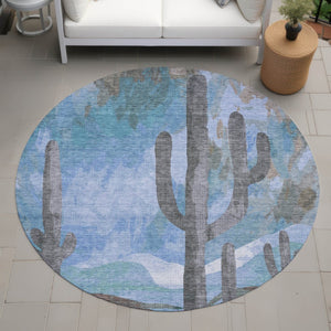 HomeRoots 8' Round Cactus Pattern Area Rug - Stylish Brown, Blue & Taupe Design for Indoor/Outdoor Spaces 659979