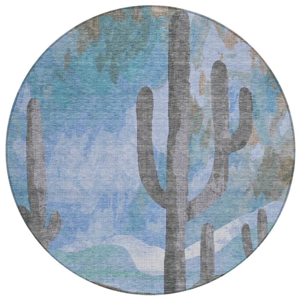 HomeRoots 8' Round Cactus Pattern Area Rug - Stylish Brown, Blue & Taupe Design for Indoor/Outdoor Spaces 659979