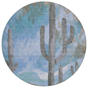 HomeRoots 8' Round Cactus Pattern Area Rug - Stylish Brown, Blue & Taupe Design for Indoor/Outdoor Spaces 659979