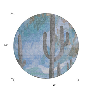 HomeRoots 8' Round Cactus Pattern Area Rug - Stylish Brown, Blue & Taupe Design for Indoor/Outdoor Spaces 659979