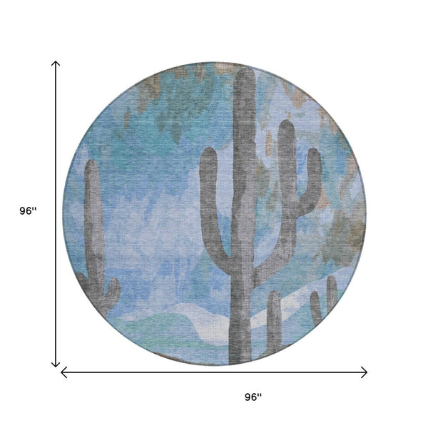 HomeRoots 8' Round Cactus Pattern Area Rug - Stylish Brown, Blue & Taupe Design for Indoor/Outdoor Spaces 659979