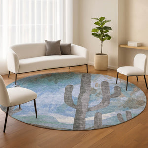 HomeRoots 8' Round Cactus Pattern Area Rug - Stylish Brown, Blue & Taupe Design for Indoor/Outdoor Spaces 659979
