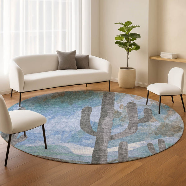 HomeRoots 8' Round Cactus Pattern Area Rug - Stylish Brown, Blue & Taupe Design for Indoor/Outdoor Spaces 659979