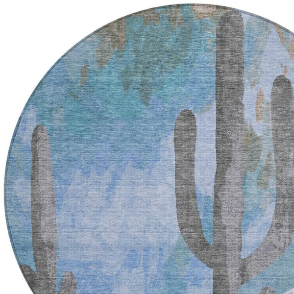 HomeRoots 8' Round Cactus Pattern Area Rug - Stylish Brown, Blue & Taupe Design for Indoor/Outdoor Spaces 659979