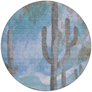 HomeRoots 8' Round Cactus Pattern Area Rug - Stylish Brown, Blue & Taupe Design for Indoor/Outdoor Spaces 659979