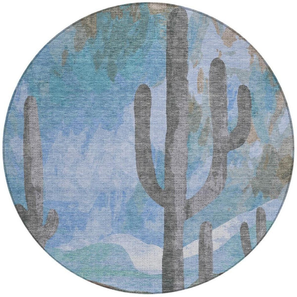 HomeRoots 8' Round Cactus Pattern Area Rug - Stylish Brown, Blue & Taupe Design for Indoor/Outdoor Spaces 659979
