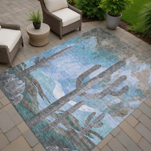 HomeRoots 10' Brown, Blue & Taupe Cactus Washable Area Rug – Durable, Stylish Indoor/Outdoor Decor for Homes 659982