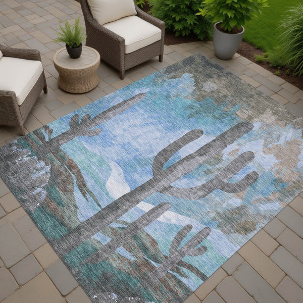 HomeRoots 10' Brown, Blue & Taupe Cactus Washable Area Rug – Durable, Stylish Indoor/Outdoor Decor for Homes 659982