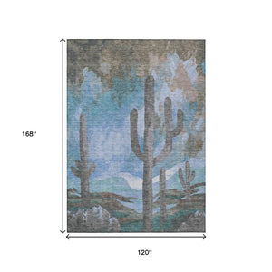 HomeRoots 10' Brown, Blue & Taupe Cactus Washable Area Rug – Durable, Stylish Indoor/Outdoor Decor for Homes 659982