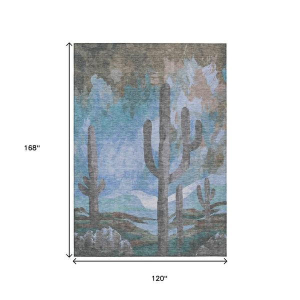 HomeRoots 10' Brown, Blue & Taupe Cactus Washable Area Rug – Durable, Stylish Indoor/Outdoor Decor for Homes 659982
