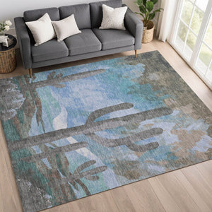 HomeRoots 10' Brown, Blue & Taupe Cactus Washable Area Rug – Durable, Stylish Indoor/Outdoor Decor for Homes 659982