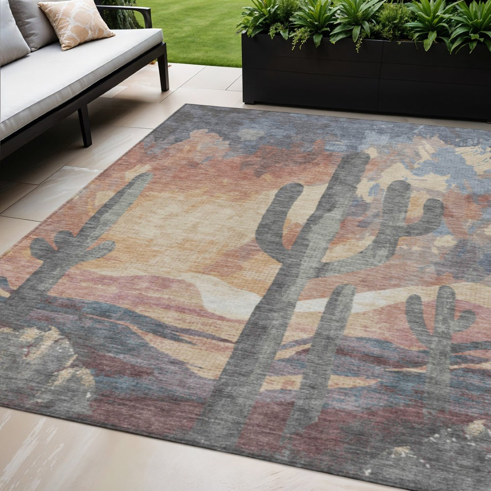 HomeRoots 5' X 8' Cactus Pattern Area Rug in Copper Blue & Wheat - Durable, Washable for Indoor/Outdoor Use 659984
