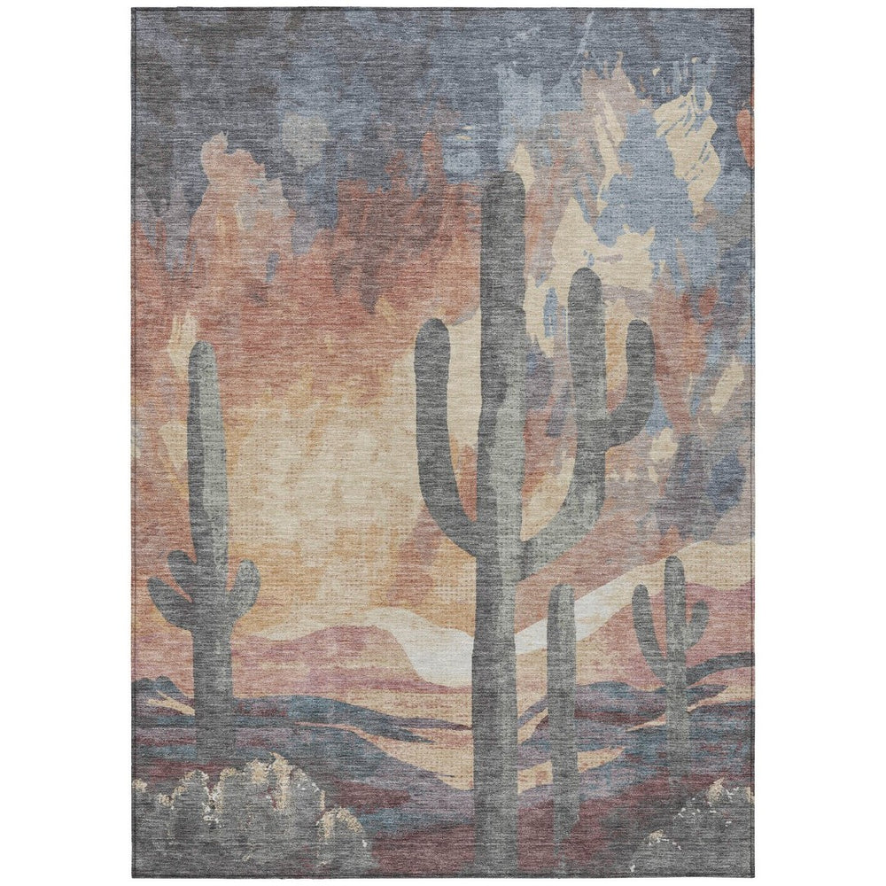 HomeRoots 5' X 8' Cactus Pattern Area Rug in Copper Blue & Wheat - Durable, Washable for Indoor/Outdoor Use 659984