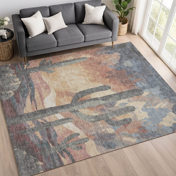 HomeRoots 5' X 8' Cactus Pattern Area Rug in Copper Blue & Wheat - Durable, Washable for Indoor/Outdoor Use 659984