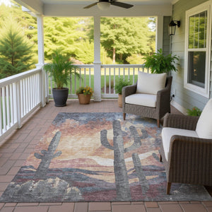 HomeRoots 5' X 8' Cactus Pattern Area Rug in Copper Blue & Wheat - Durable, Washable for Indoor/Outdoor Use 659984