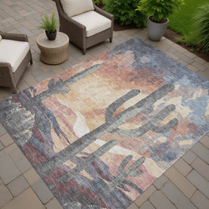 HomeRoots 9' X 12' Cactus Area Rug in Copper, Blue & Wheat – Stylish, Washable, Durable for Indoor & Outdoor Use 659987