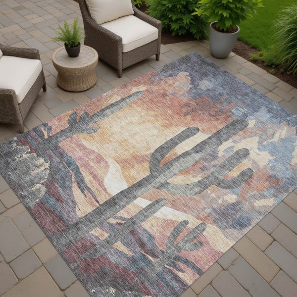 HomeRoots 9' X 12' Cactus Area Rug in Copper, Blue & Wheat – Stylish, Washable, Durable for Indoor & Outdoor Use 659987
