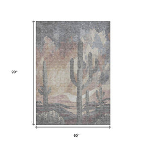 HomeRoots 5' Cactus Area Rug - Taupe, Coral & Sage Washable Indoor/Outdoor Mat for Stylish Spaces & Durability 659990