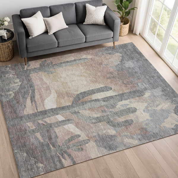 HomeRoots 5' Cactus Area Rug - Taupe, Coral & Sage Washable Indoor/Outdoor Mat for Stylish Spaces & Durability 659990