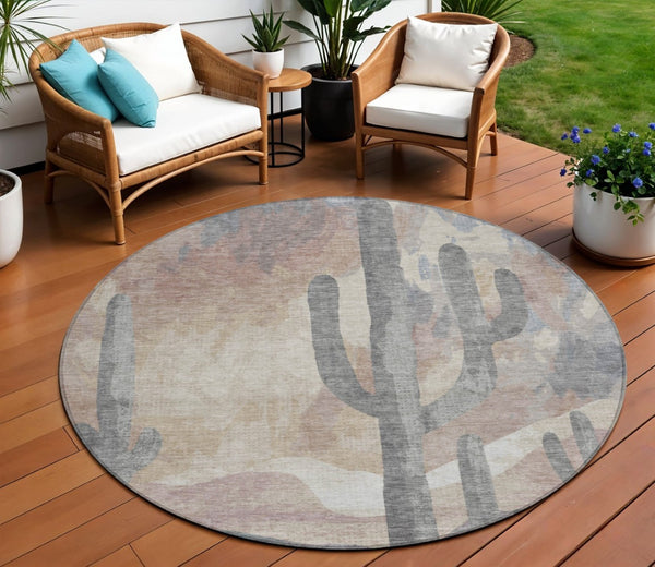 HomeRoots 8' Stylish Washable Round Rug with Cactus Design in Taupe, Coral & Sage for Indoor/Outdoor Use 659991