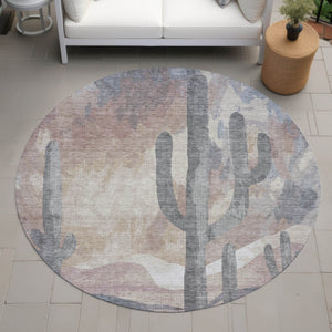 HomeRoots 8' Stylish Washable Round Rug with Cactus Design in Taupe, Coral & Sage for Indoor/Outdoor Use 659991