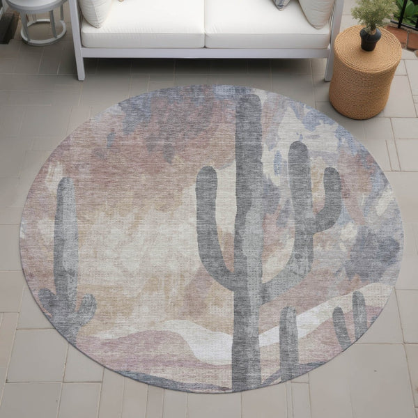HomeRoots 8' Stylish Washable Round Rug with Cactus Design in Taupe, Coral & Sage for Indoor/Outdoor Use 659991