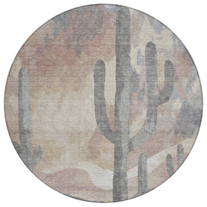 HomeRoots 8' Stylish Washable Round Rug with Cactus Design in Taupe, Coral & Sage for Indoor/Outdoor Use 659991
