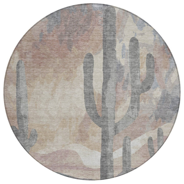 HomeRoots 8' Stylish Washable Round Rug with Cactus Design in Taupe, Coral & Sage for Indoor/Outdoor Use 659991