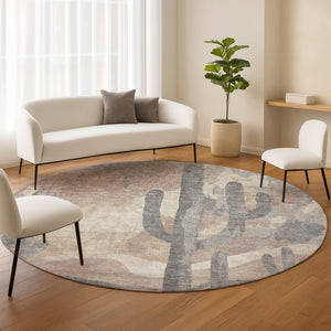 HomeRoots 8' Stylish Washable Round Rug with Cactus Design in Taupe, Coral & Sage for Indoor/Outdoor Use 659991